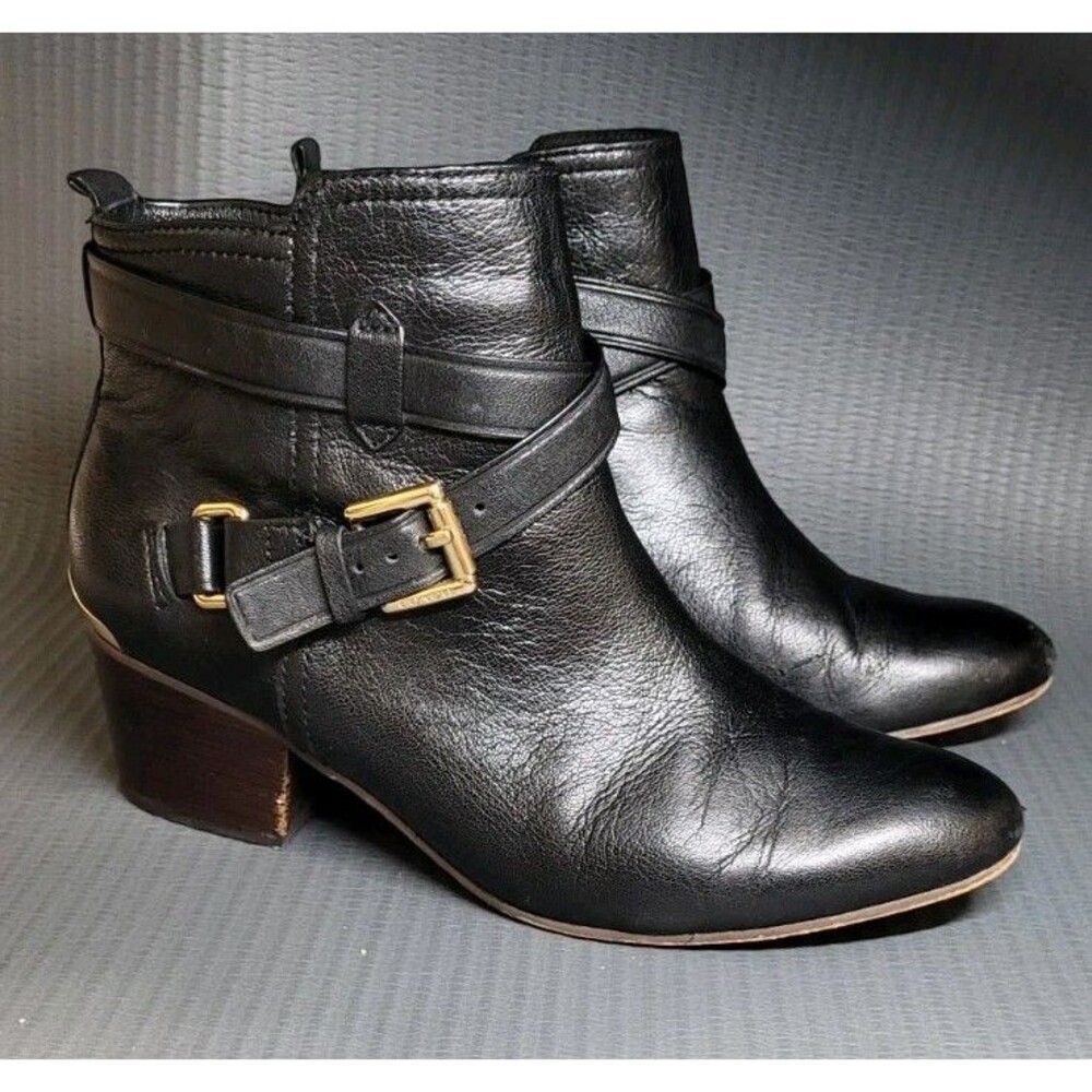 Coach Pauline Leather Ankle Boots in Black w Buckle and Side Zippers Sm Heel 7B